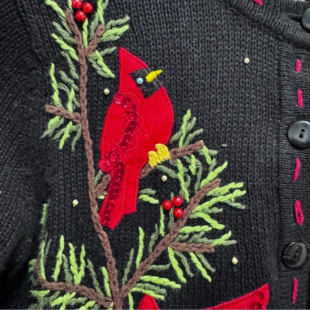 Vintage 1990s Knit Bird Pine Tree Graphic Cardigan Sweater Button Up Size Small - Picture 11 of 16